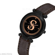Krolexe Analog Round Black Dial ALPHABET S Design Stylish Brown Leather Strap Classic Design Fancy Wrist Watch for Women and Girls, Pack of 1 - ALP-S-GEN-BK-BRW-CUTL