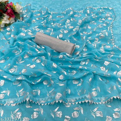 Party Wear Pure Georgette Rose Flower Foil Printed Saree With Satin Silk Un-stitched Silver Blouse