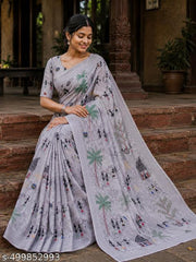 Cotton Linen Grey Kasavu Flower Digital Print Saree Designer And Fancy Bollywood Partywear Wedding Traditional Latest Trends Sari