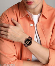 Prathshya Analog Round Black Dial ALPHABET P Design Stylish Brown Leather Strap Classic Design Fancy Wrist Watch for Men and Boys, Pack of 1 - ALPHA-P-3K-BRW-CHL
