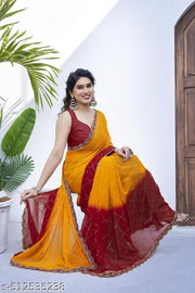 SUBHAM Women's Yellowish Georgette Checks Embroidered Saree with Unstiched Blouse