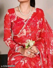 Trendy Pearl Lace Floral Saree | Lightweight Georgette Fabric!!New Floral Georgette Saree with Moti Lace | Elegant Look!!Elegant Georgette Saree with Pearl Lace & Floral Print!!Designer Floral Georgette Saree | Moti Lace Work | With Blouse
