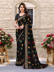 Women's Bollywood Floral Printed Black Georgette Saree