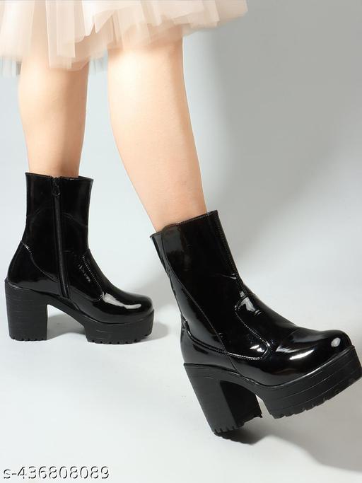 KLIEV PARIS Bold and Breezy Black Patent Leather Ankle Length Heeled Boots for Women & Girls