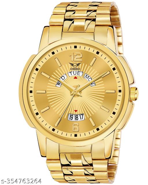 OHHO Original Gold Plated Steel Bracelet Belt & Day-Date Function Blue Dial Analog Watch - For  Men's-Boy's-Gent's