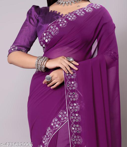Daimond Work (Stone Work)  Silk Saree With Running Blouse Piece Sari For Women's & Girls