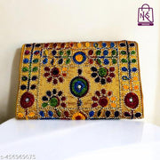 NAKASA Women's Jaipuri Handmade Damru Embroidery Small Yellow Clutch Bag