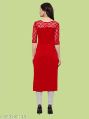 Casual American Crepe And Net Round-Neck 3/4 Length Sleeve Red Kurti (45"Inches)