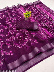 Festive Wear Linen Silver Jari Border Saree with Unstitched Blouse