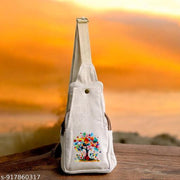Beige Cotton Canvas Sling Bag with Colorful Tree & Om Sun Print | Eco-Friendly Crossbody Shoulder Bag for Travel, Casual Use & Daily Essentials