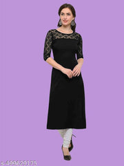 Casual American Crepe And Net Round-Neck 3/4 Length Sleeve Black Kurti (45"Inches)