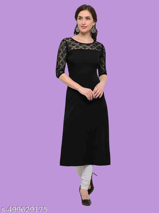 Casual American Crepe And Net Round-Neck 3/4 Length Sleeve Black Kurti (45"Inches)