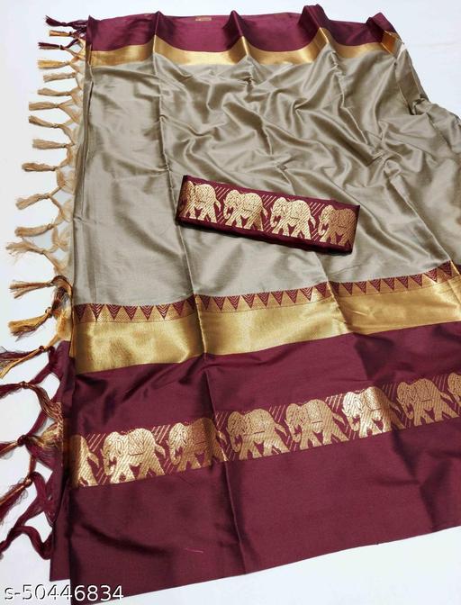 Rajawadi Elegant Elephant Design Cotton Silk Saree With Running Blouse Piece (Chiku & Brown)