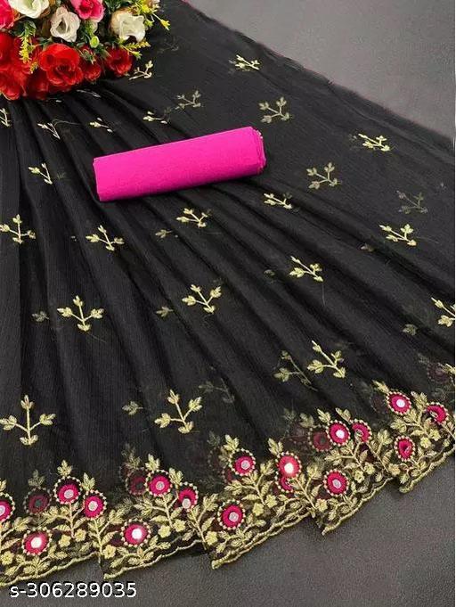 Kanha fashion Silicon Net BLACK Embroidered Saree with Blouse