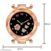 Analogue New Flower Print Dial Lathers Strap Girls and Womans Watches(green&Pink)