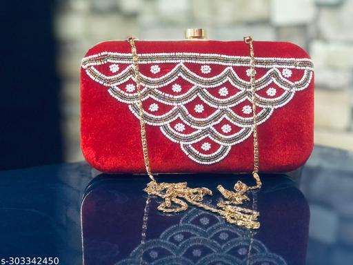 Women Stylish & Trendy Red Velvet Embroidery Clutch