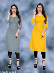 Plain Ethnic Pack of 2 American Regular Fit Kurta Round Neck New Stylish Casual Crepe Fabric Kurti For Women
