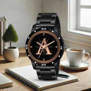 PS WATCHES Analog Round Black Dial ALPHA1BET A Design Stylish Black PU Strap Classic Design Fancy Wrist Watch for Men and Boys, Pack of 1 - ALPHA1-A-AVO-BLK-CDBLK