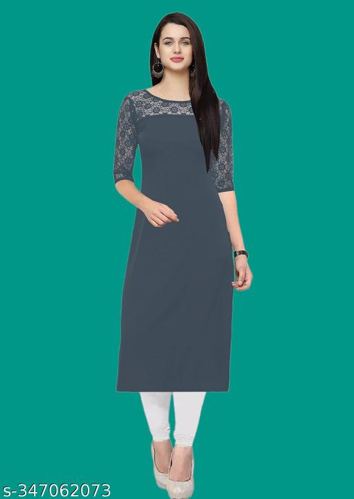 Casual American Crepe And Net Round-Neck 3/4 Length Sleeves Grey Kurti (45"Inches)