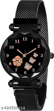 Pack Of 2 Black Flower Printed Dial Luxury Magnetic Strap Girls Analog Watch