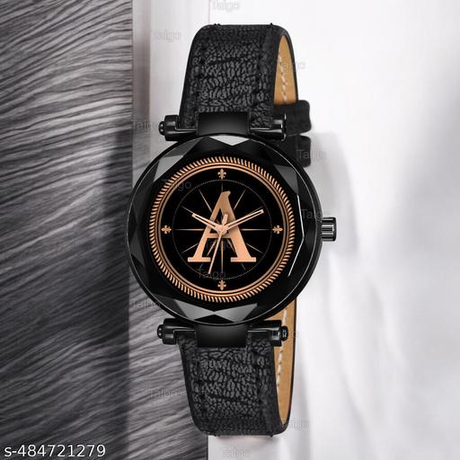 Talgo Analog Round Black Dial ALPHABET A Design Stylish Black Leather Strap Classic Design Fancy Wrist Watch for Women and Girls, Pack of 1 - ALP-A-GEN-BK-BLK-CUTL