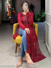 Naira Cut Solid Georgette Kurta Embroidered Calf Length Round Neck Naira Cut Kurti Black