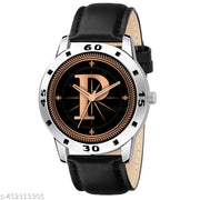 Skoal Analog Round Black Dial ALPHABET P Design Stylish Black Leather Strap Classic Design Fancy Wrist Watch for Men and Boys, Pack of 1 - ALPHA-P-AVO-SIL-BLK-L