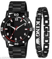 Black Dial Black PU Strap With King Bracelet combo Watch For Boys And men