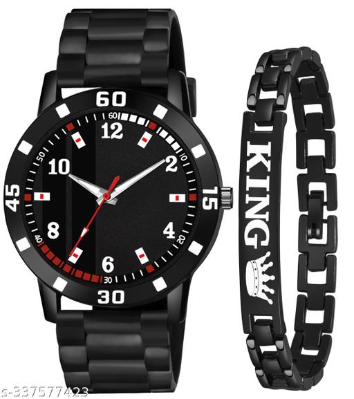 Black Dial Black PU Strap With King Bracelet combo Watch For Boys And men