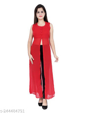 Shimao Women's Solid Georgette Front High-Slit Sleeveless Long Kurti