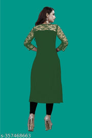 Casual American Crepe And Net Round-Neck 3/4 Length Sleeves Dark Green Kurti (42"Inches)
