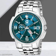 Listen Day & Date Function Watch With Silver Coated Green Dial, Stainless Steel Chain Strap Analog Watch - For Men