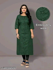 Women Cotton A-Line Embroidered Mustered Kurti