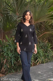 SANGOURI BLACK WOMAN KURTI  STYLISH  FLOWER PATTERN