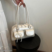 Shiny White Double Pocket Decor Shoulder Bucket Bag With Pearl Keychain For Women