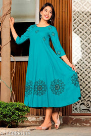 Women's Rayon Hand block Printed Long Flair Green Anarkali Kurti