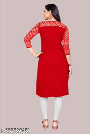 Casual American Crepe And Net Round-Neck 3/4 Length Sleeve  Red Kurti (42"Inches)