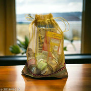 Foxtree Pack of 10 Pieces Silk Tissue Organza Drawstring Closure Golden Small Size Potli Bags Pouch Best for Party Supply Return Gift Bags (23 cm X 18 cm)