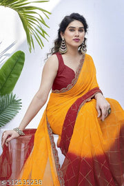 SUBHAM Women's Yellowish Georgette Checks Embroidered Saree with Unstiched Blouse