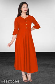 Stylish Anarkali Kurti with Gown Flare Latest Design Trendy Three Quarter Sleeve (ORANGE)