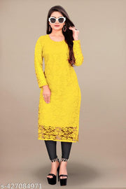 Trendy Light Yellow Designer Net Kurti | Light Yellow Net Kurti for Women | Designer Embroidered Partywear Kurti
