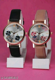 Best Quality Flower Designer Round Dial Attractive Leather Belt Women Watches Combo Pack of 2