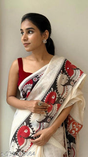 Designer Printed Kalamkari Linen Saree