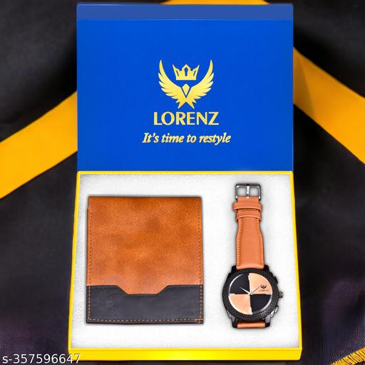 Lorenz Gift Combo Set of Tan Analog Watch & Hi-Quality PU Wallet for Men | CM-409WL-22