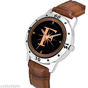 Femeo  Analog 9109 Watches Round Black Dial F Design Stylish Brown Leather Strap Classic Design Fancy Wrist Watch for Men and Boys, Pack of 1 - A07ZALPHA-F-AVO-SIL-DBRW-CRL