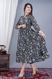 Women's Stylish Full Flair Anrakali Rayon Jaipur printed  Black Kurta