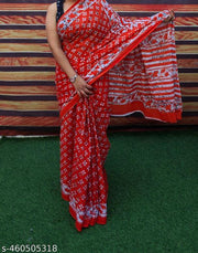 Jaipuri Hand Block Printed Soft Cotton Mulmul Saree ,latest cotton mulmul saree,Sanganeri Cotton Malmal Saree, Bagru Cotton Saree, Batic / Batik Print Cotton saree In Super Fine 92*80 Fabric Quality With Attached Blouse Piece for Woman