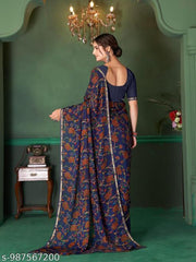 Daily Wear Dark Blue Georgette Lace Border Saree With Unstitched Blouse Piece