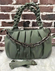 Trendy Soft PU Leather Handbag for Women & Girls with Braided Handle | Chain Shoulder Bag with Sling Strap