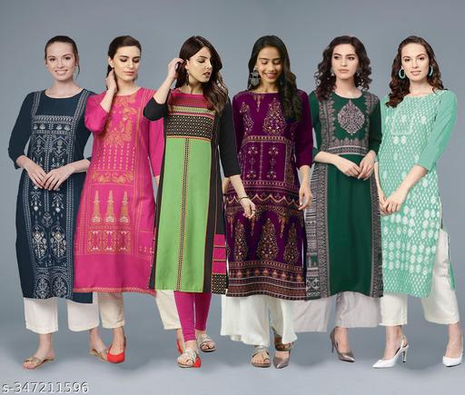 Spacial Women's Printed Crepe Straight Kurti (Combo Pack 6 Kurta )